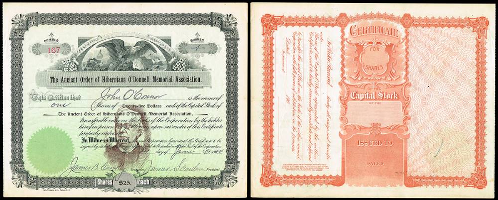 1914 (24 June). Ancient Order of Hibernians O'Donnell Memorial Association share certificate. at Whyte's Auctions