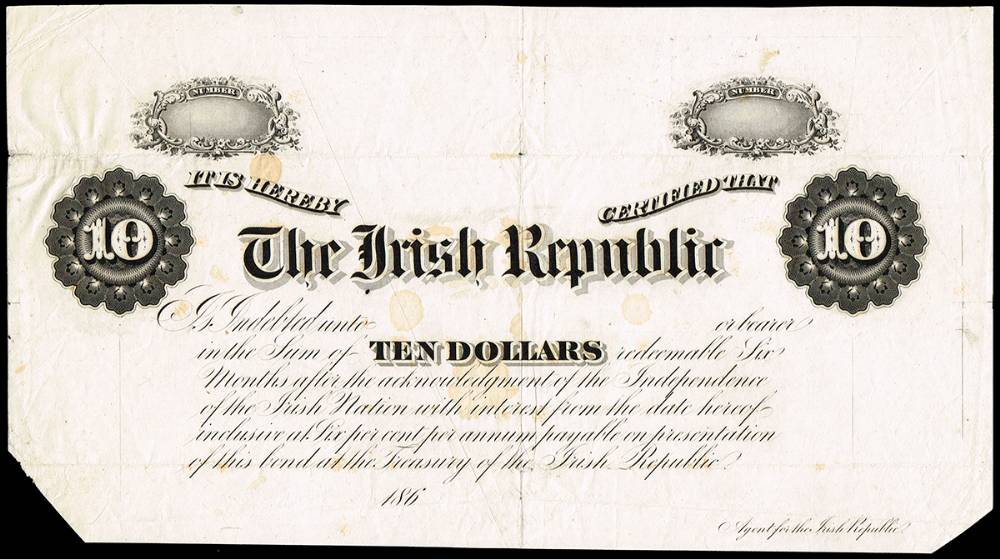 1865-67 Fenian Bonds. A very rare printer's proof of the black plate for the Ten Dollars denomination at Whyte's Auctions