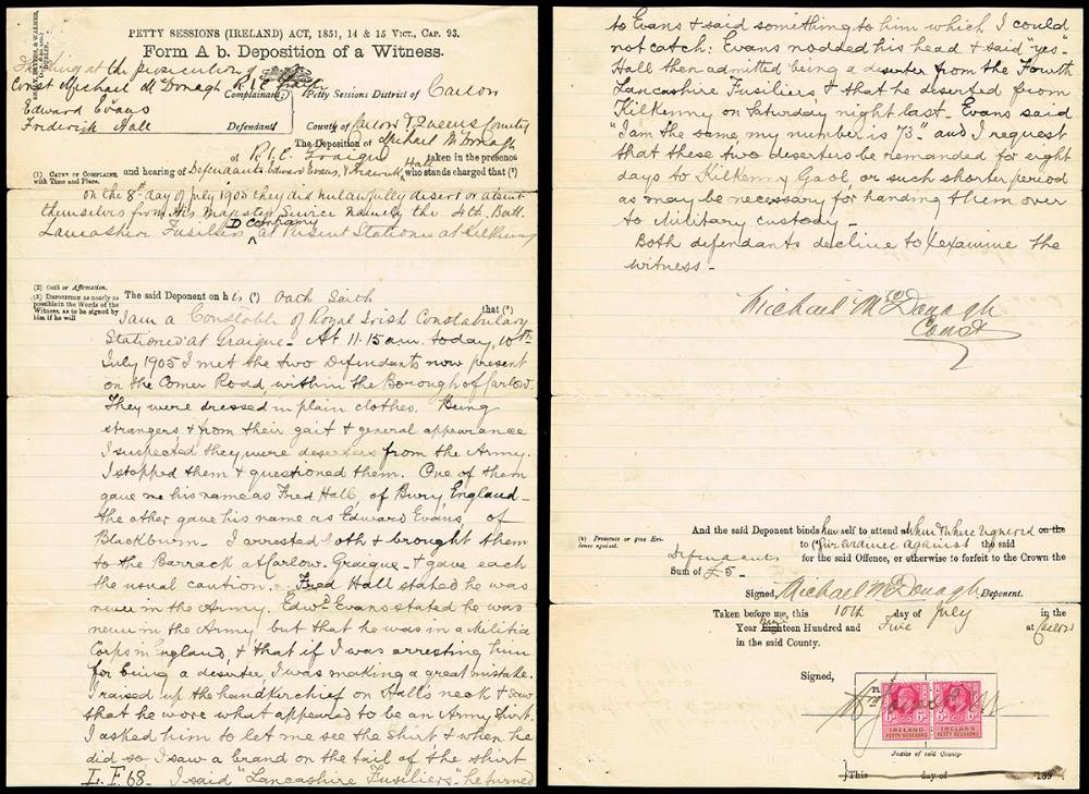 1905 (10 July) Witness statements concerning deserters arrested at Castlecomer. at Whyte's Auctions
