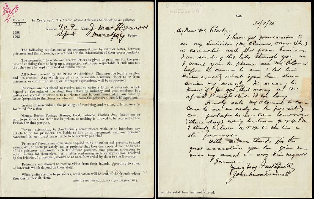 1915 (21 July) a very important letter from Sen MacDermott (Sen Mac Diarmada), later one of the executed leaders of the 1916 Rising. at Whyte's Auctions