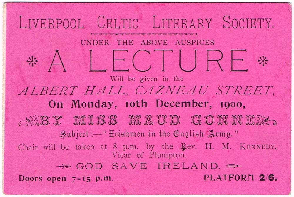 1900 (10 December) ticket for a lecture by Maud Gonne, and 'The Last Proclamation' in an American paper, June 1916. at Whyte's Auctions
