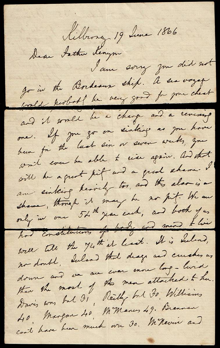 1866 (19 June) letter from 'Young Irelander' John Martin to his friend and colleague FR. John Kenyon. at Whyte's Auctions