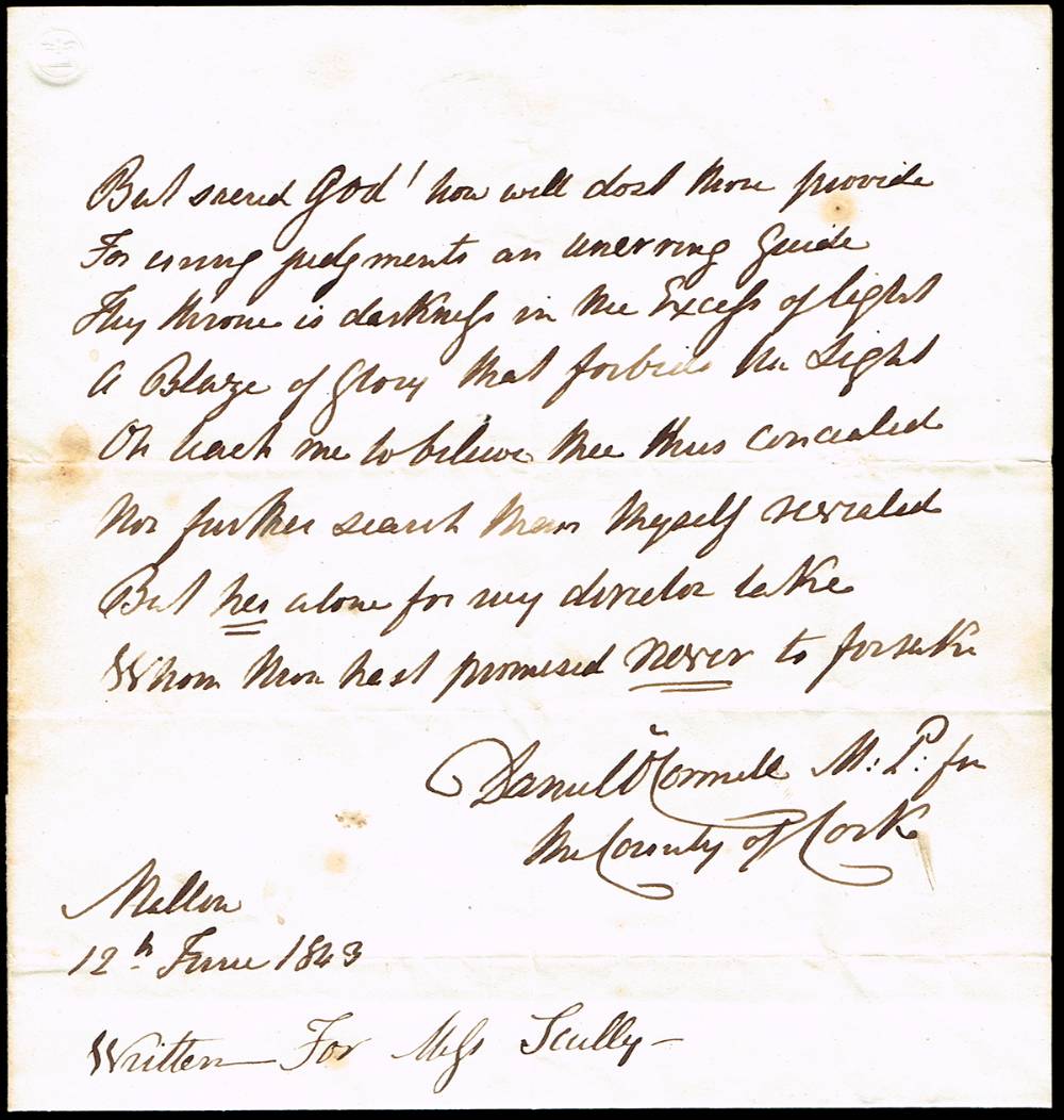1843 (12 June) Verse written in his own hand by Daniel O'Connell. at Whyte's Auctions