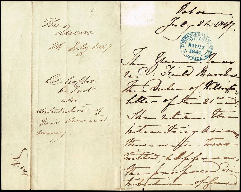 1847 (26 July) letter Queen Victoria to the Duke of Wellington. at Whyte's Auctions