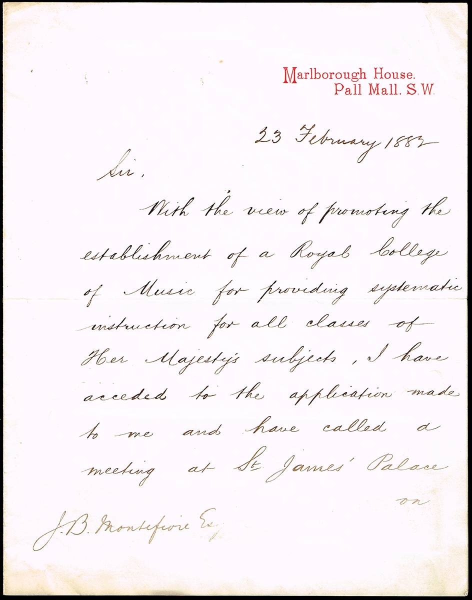 1882 (23 February) letter from the Prince of Wales (later King Edward VII) regarding the establishment of the Royal College of Music. at Whyte's Auctions