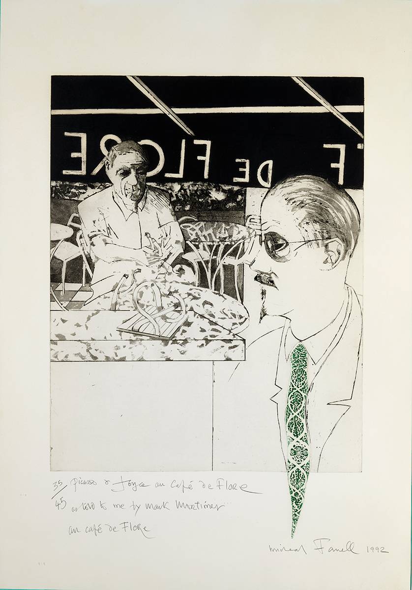 JOYCE ET PICASSO AU CAF DE FLORE, 1992 by Micheal Farrell (1940-2000) at Whyte's Auctions
