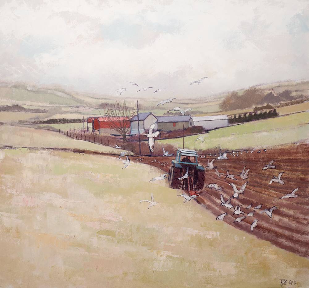 WINTER PLOUGHING AT SLIDDERY FORD, DUNDRUM, COUNTY DOWN, 1992 by Richard John Croft RUA (b.1935) at Whyte's Auctions