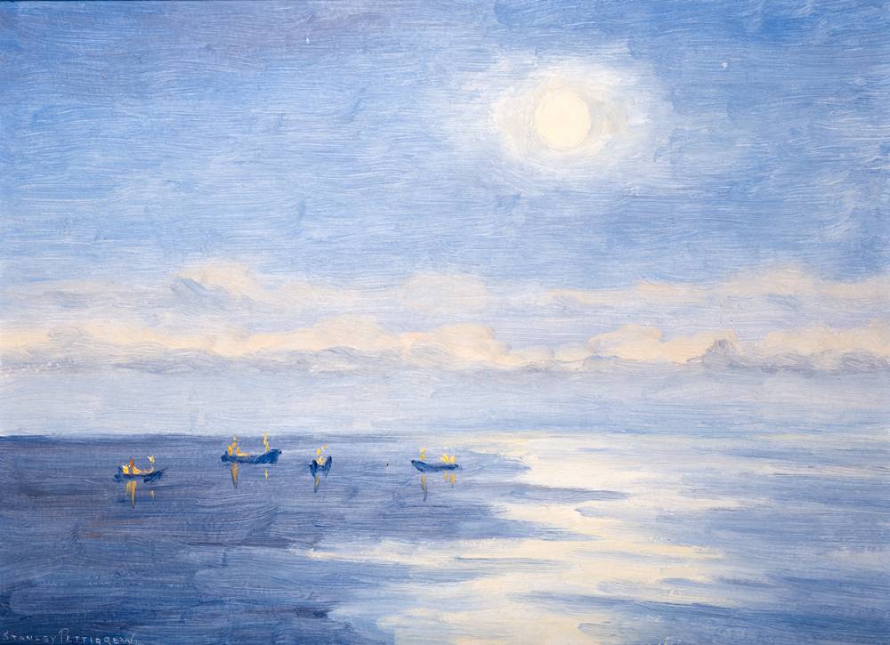 MOONLIT SCENE WITH BOATS AT SEA by Stanley Pettigrew sold for 200 at Whyte's Auctions