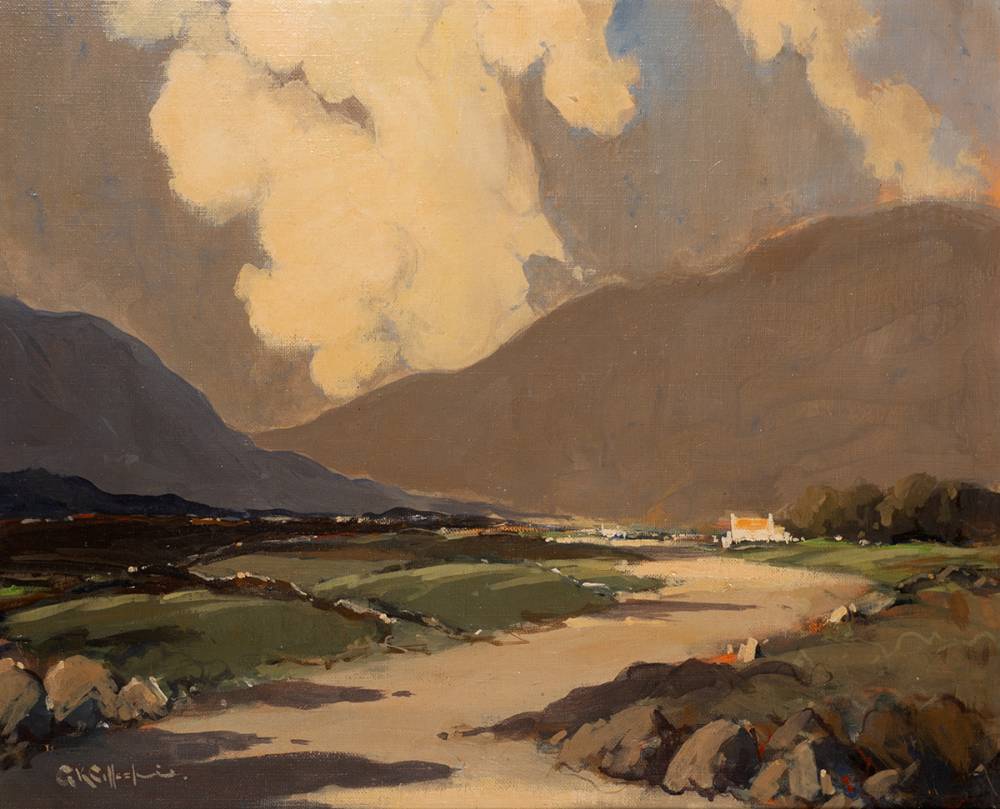 LANDSCAPE WITH COTTAGES AND MOUNTAINS, WEST OF IRELAND by George K. Gillespie RUA (1924-1995) at Whyte's Auctions