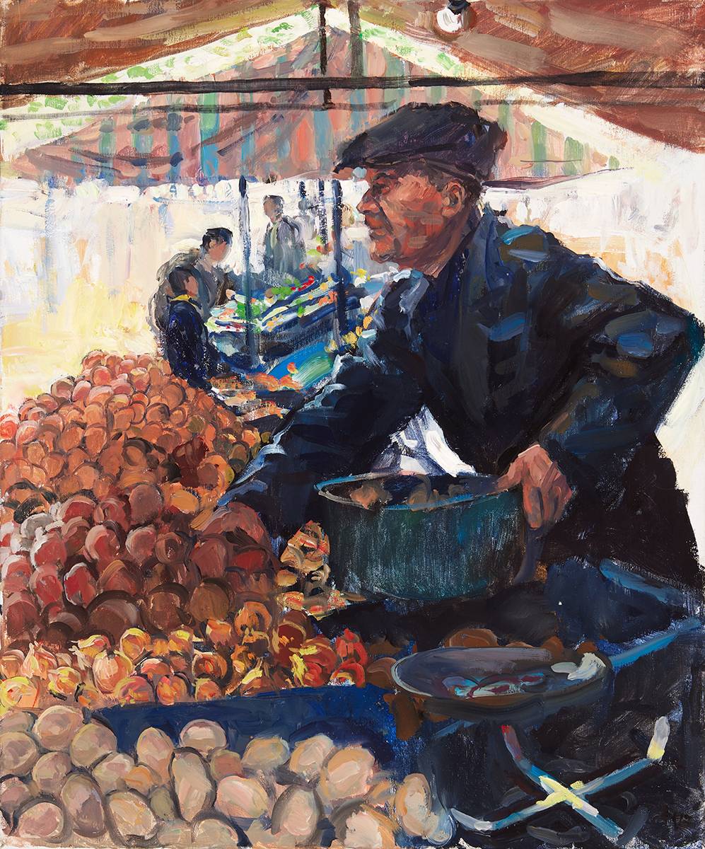 POTATO MERCHANT, PLACE ST. CATHERINE, BRUSSELS, 1997 by Hector McDonnell RUA (b.1947) at Whyte's Auctions