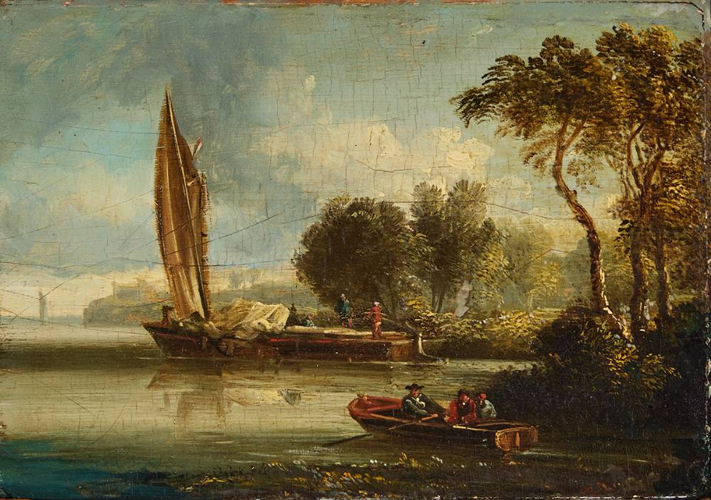 FIGURES IN ROW BOAT AND SAILBOAT by William Sadler II sold for 1,250 at Whyte's Auctions