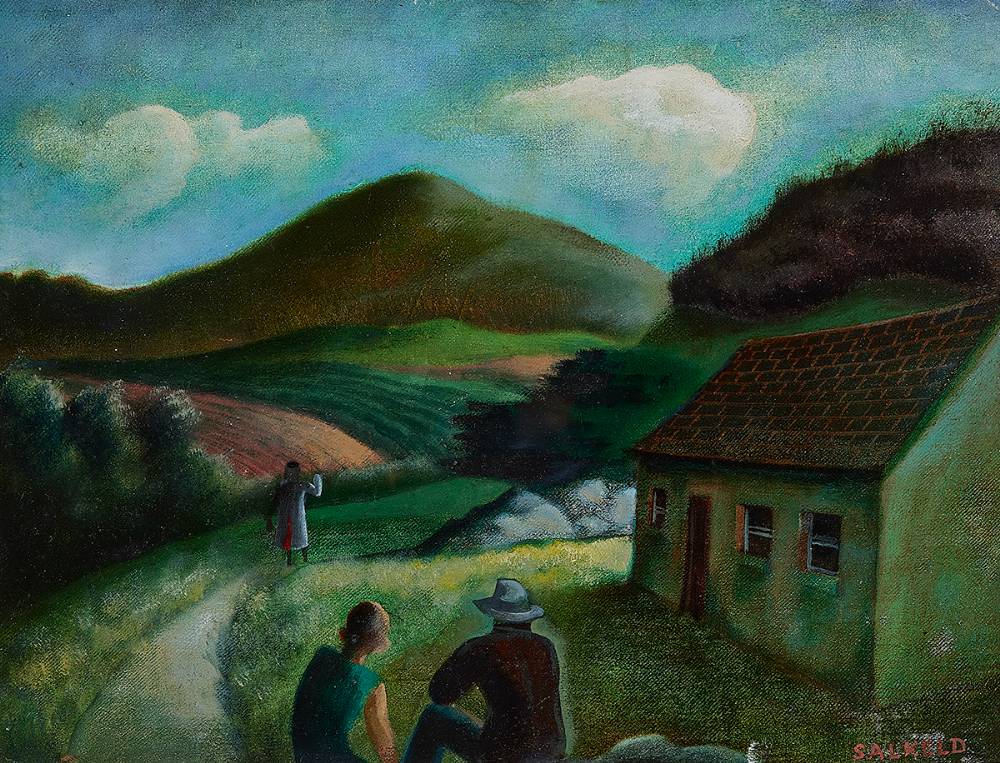 FIGURES BY A COTTAGE WITH MOUNTAINS IN THE DISTANCE by Cecil Ffrench Salkeld ARHA (1904-1969) at Whyte's Auctions