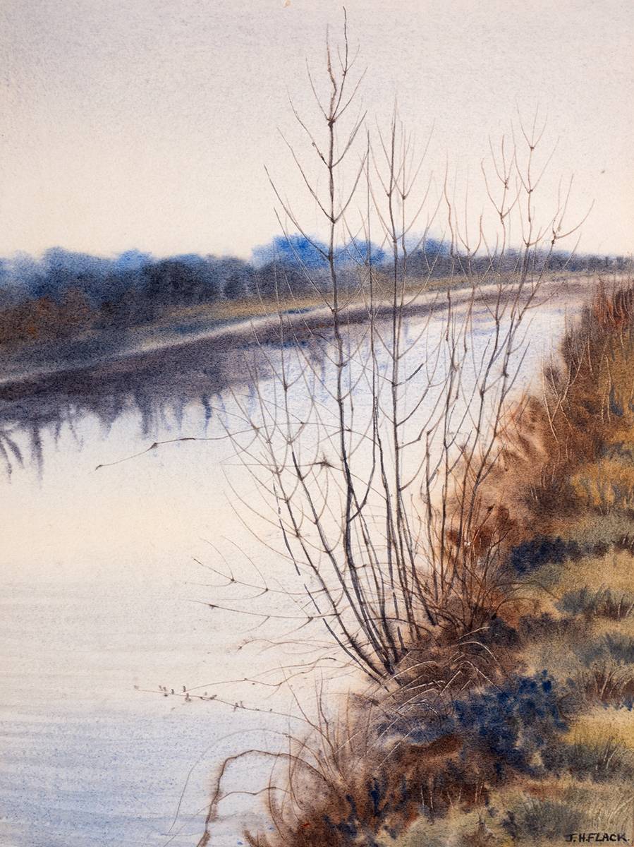 CANAL BANK, LATE WINTER, 1982 by James Hall Flack sold for 460 at Whyte's Auctions