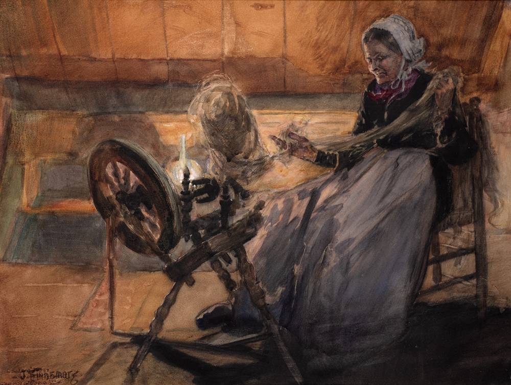 WOMAN SPINNING IN COTTAGE INTERIOR by John Finnemore (1860-1939) at Whyte's Auctions