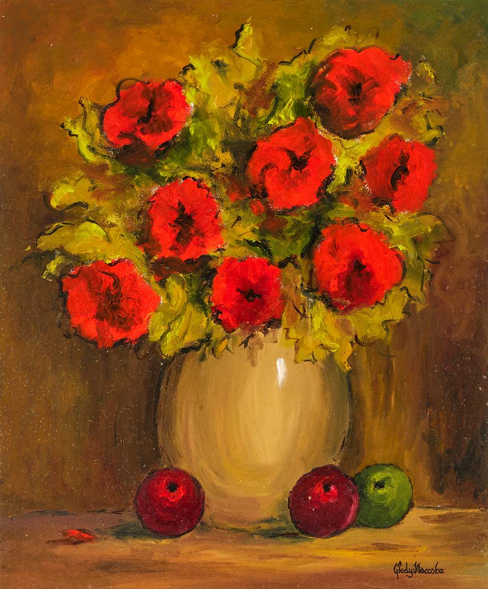 STILL LIFE WITH PEONIES AND APPLES by Gladys Maccabe MBE HRUA ROI FRSA (1918-2018) at Whyte's Auctions