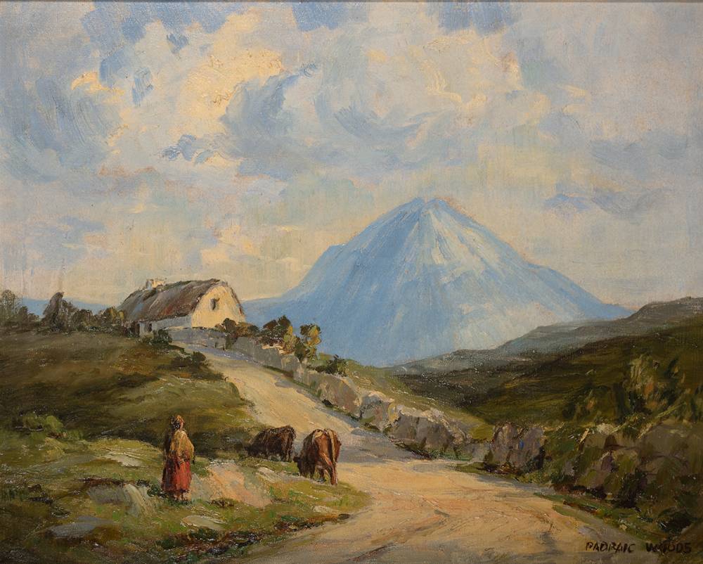 FIGURE AND CATTLE BY A COTTAGE, WEST OF IRELAND by Padraic Woods sold for 290 at Whyte's Auctions