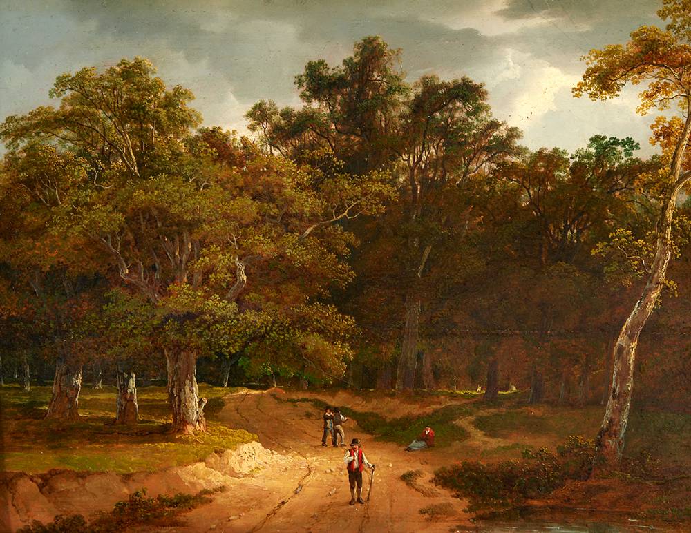 FOREST LANDSCAPE WITH FIGURES ON A PATH, A WOMAN RESTING BEYOND, 1825 by James Arthur O'Connor sold for 5,200 at Whyte's Auctions