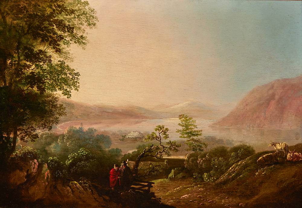 TRAVELLERS IN A LAKE LANDSCAPE by William Sadler II sold for 3,800 at Whyte's Auctions
