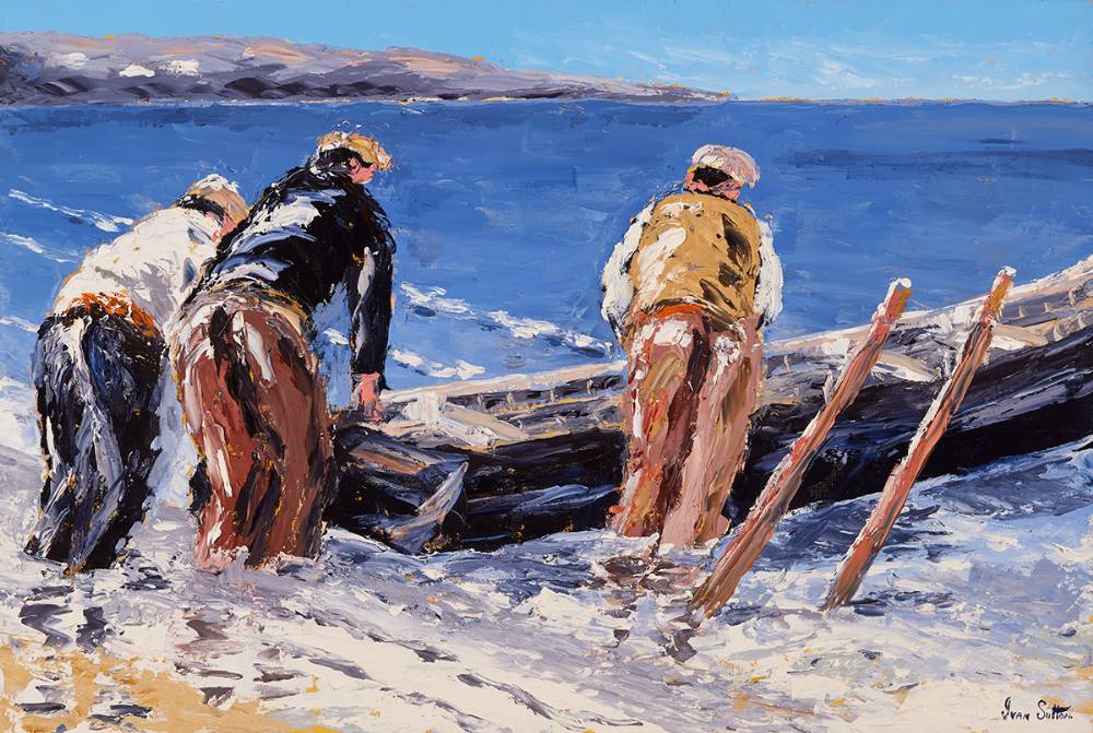 LAUNCHING THE CURRACH, INISHEER ISLAND, COUNTY GALWAY by Ivan Sutton sold for 1,400 at Whyte's Auctions