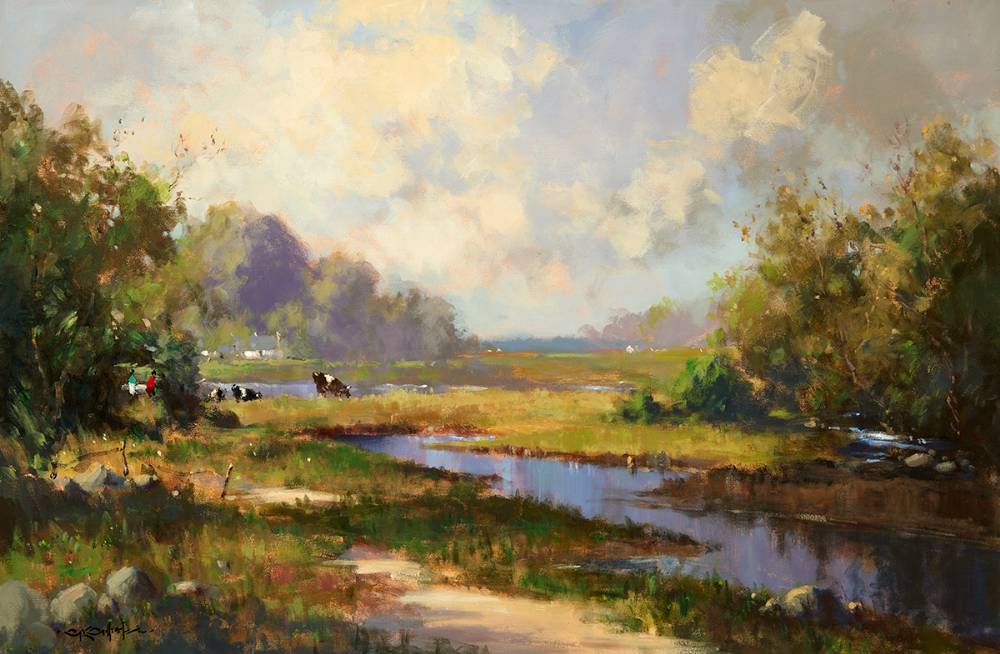 RIVER LANDSCAPE CHILDREN AND CATTLE by George K. Gillespie RUA (1924-1995) at Whyte's Auctions