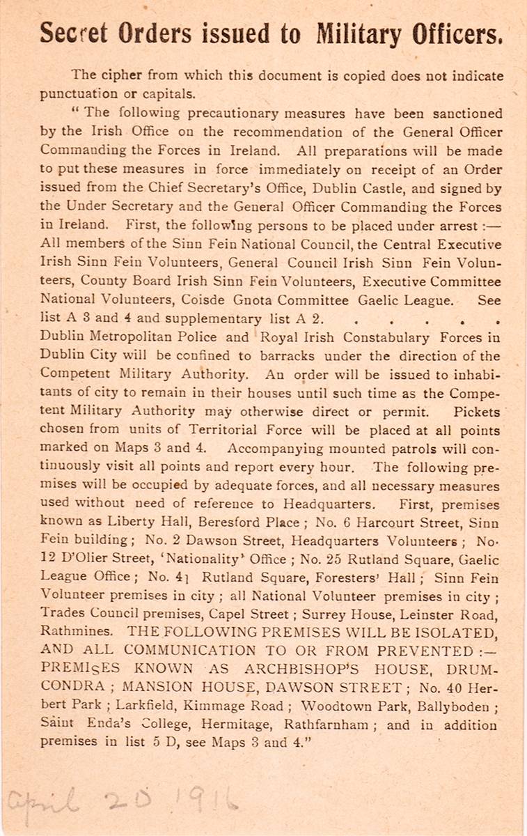 1916 (20 April) The 'Castle Document - Secret Orders issued to Military Officers. at Whyte's Auctions