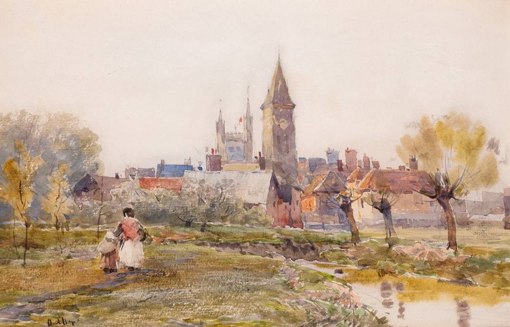 FIGURES BY A RIVER WITH A TOWN BEYOND by Claude Hayes RI ROI (1852-1922) at Whyte's Auctions