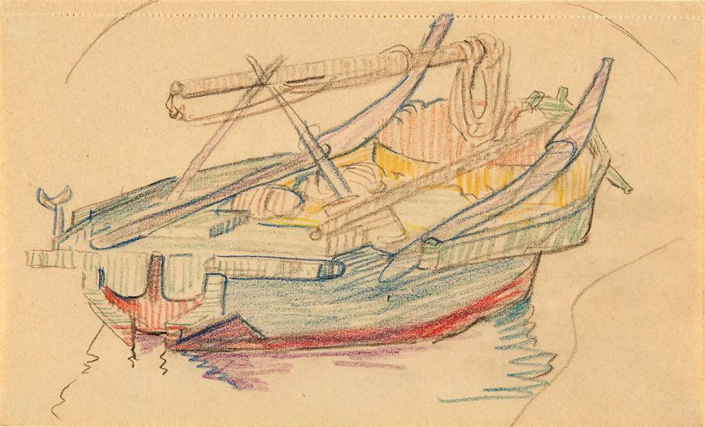 BLUE FISHING BOAT, MOORED by Mary Swanzy sold for 600 at Whyte's Auctions