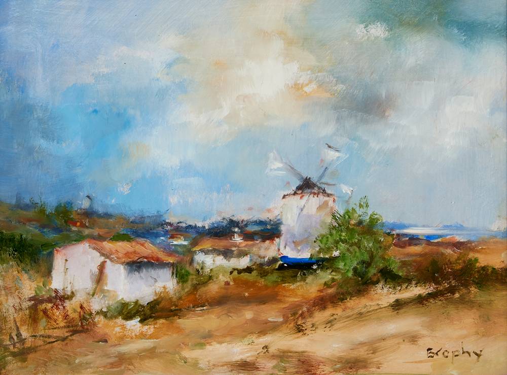 FARM SCENE WITH WINDMILL, PORTUGAL by Elizabeth Brophy (1926-2020) at Whyte's Auctions