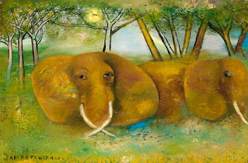 ELEPHANTS RESTING by Jak Katarikawe sold for 800 at Whyte's Auctions