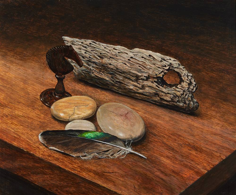 STILL LIFE WITH LAPWING FEATHER, 1990 by Michael B. McAuley (b.1938) at Whyte's Auctions