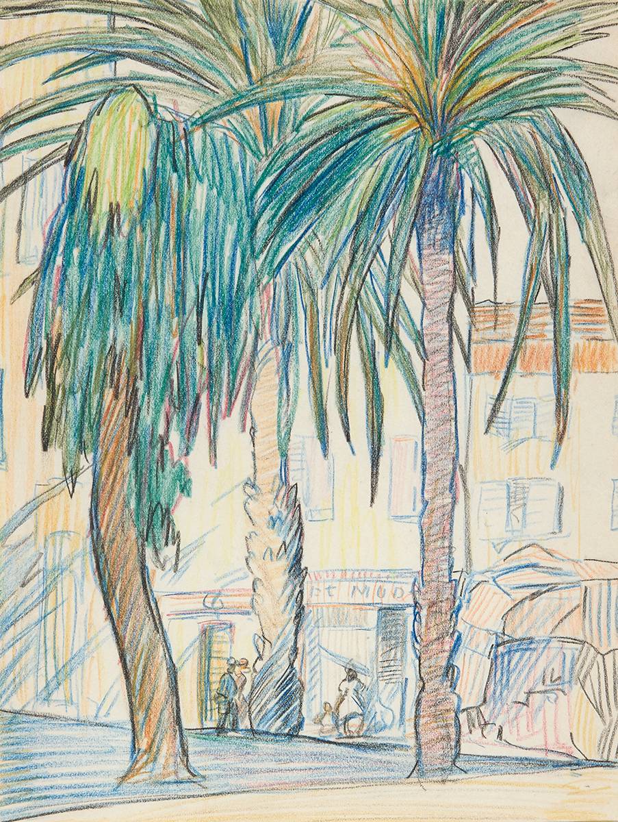 PALM TREES, FIGURES AND SHOPS, SOUTH OF FRANCE by Mary Swanzy HRHA (1882-1978) at Whyte's Auctions