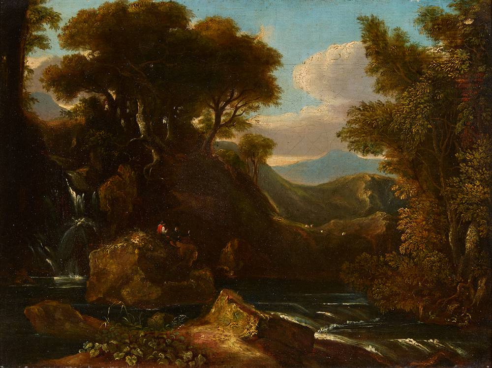 LANDSCAPE WITH FISHERMEN BY A WATERFALL, MOUNTAINS BEYOND at Whyte's Auctions