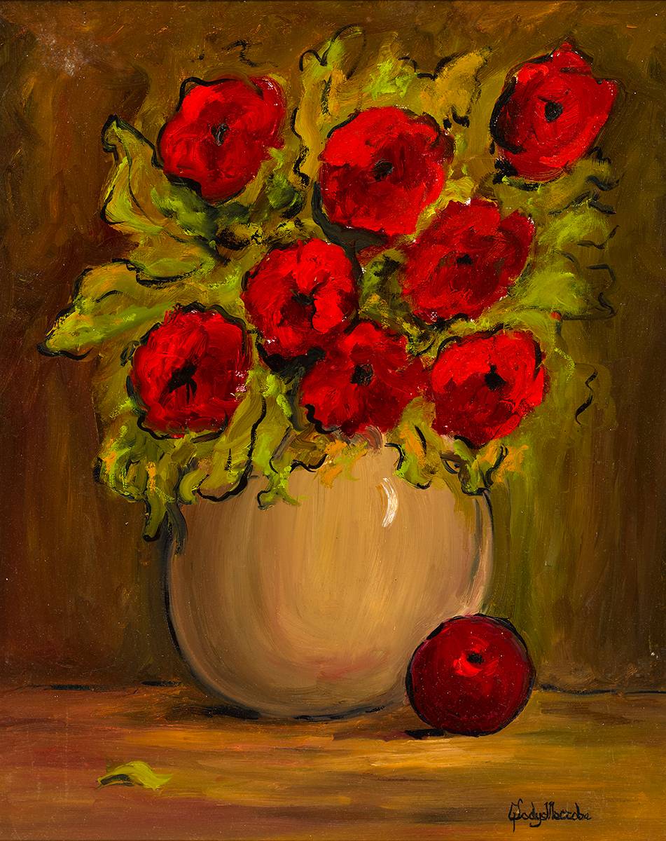 RED POPPIES AND FRUIT by Gladys Maccabe MBE HRUA ROI FRSA (1918-2018) at Whyte's Auctions